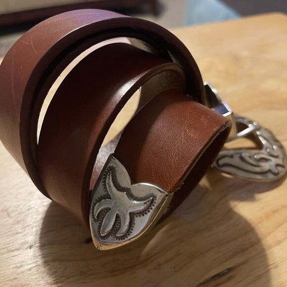 UNLISTED Belt Medium Brown Leather Western Cowgirl Rodeo Boho Patina Med Buckle - Picture 7 of 13